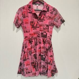 Urban Outfitters Neon Pink Medium Newsprint Sheer/ Lined dress Euro Summer